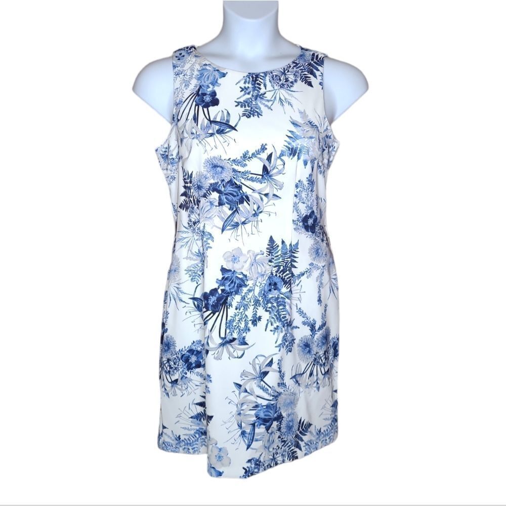 VINTAGE Y2K tropical floral white and blue mini shift‎ dress M